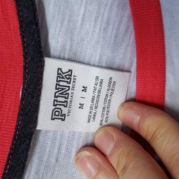 PINK VS Pink Gray White Tee M stripe sleeve - Picture 3 of 5